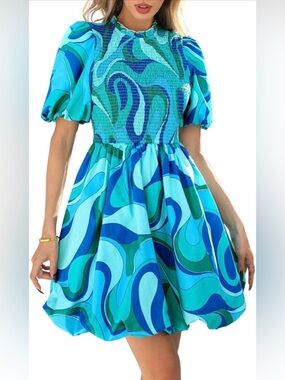 KIRUNDO  Smocked Puff Short Sleeve Boho Ruffle Crewneck Bubble Mini Dress